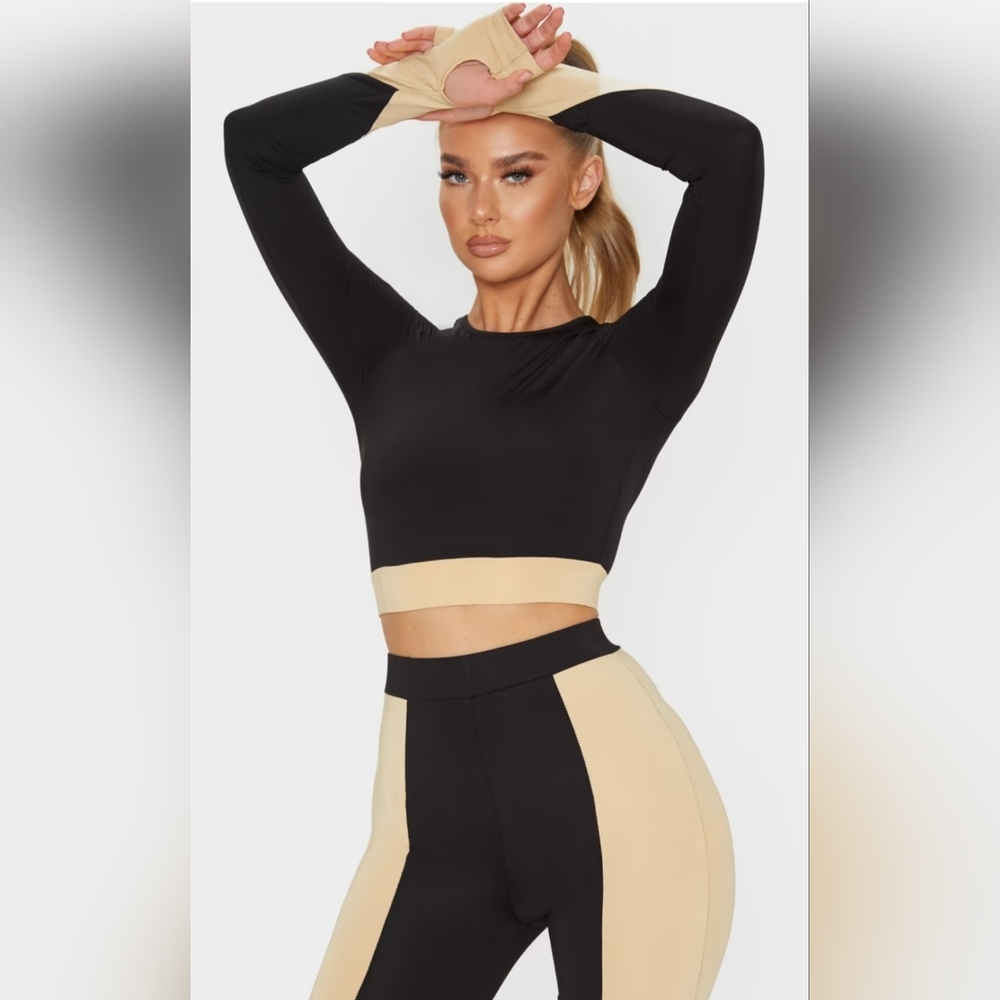 Pretty Little Thing Black Panel Long Sleeve Crop Top & Mesh Panel Gym Leggings
